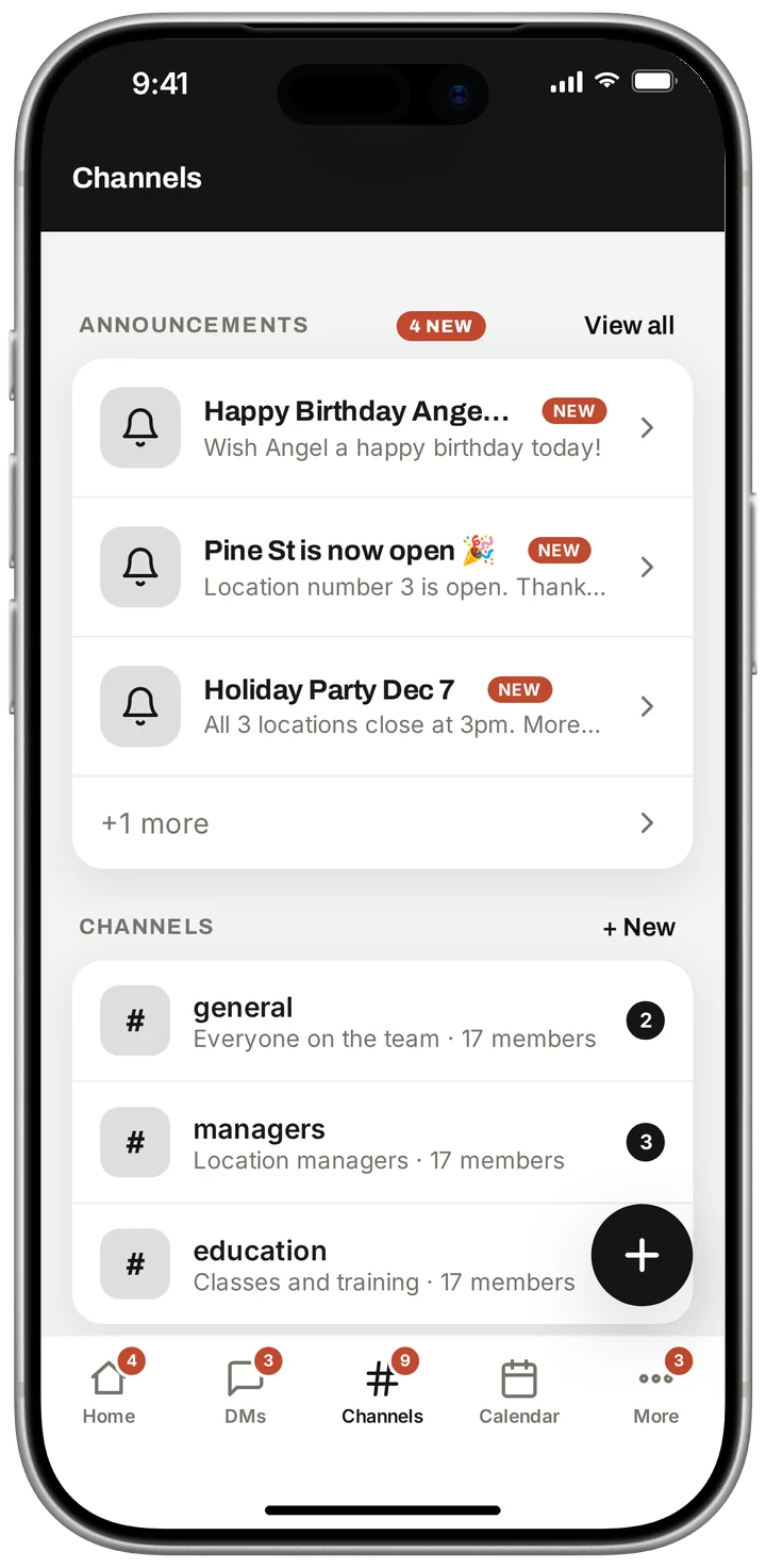 Channels screen in Barber Team App