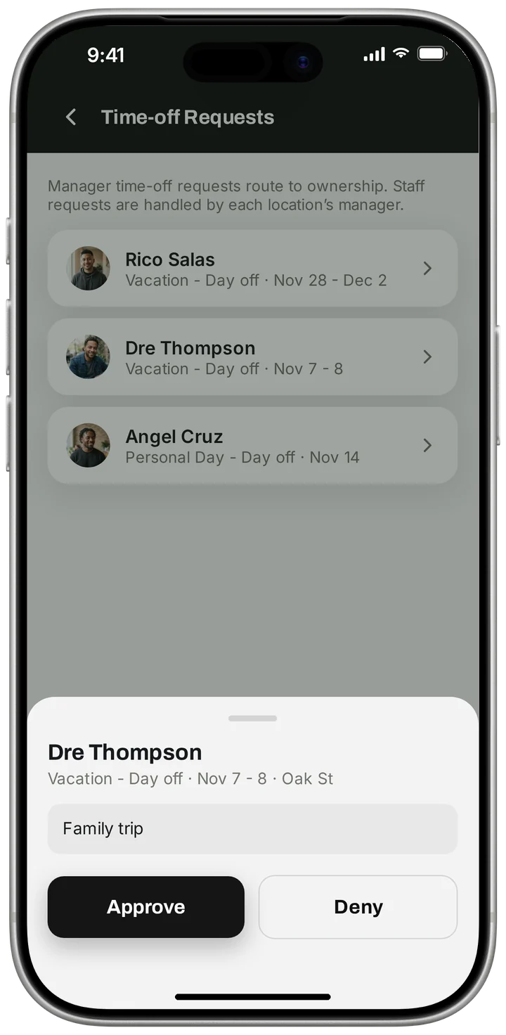 Time off screen in Barber Team App