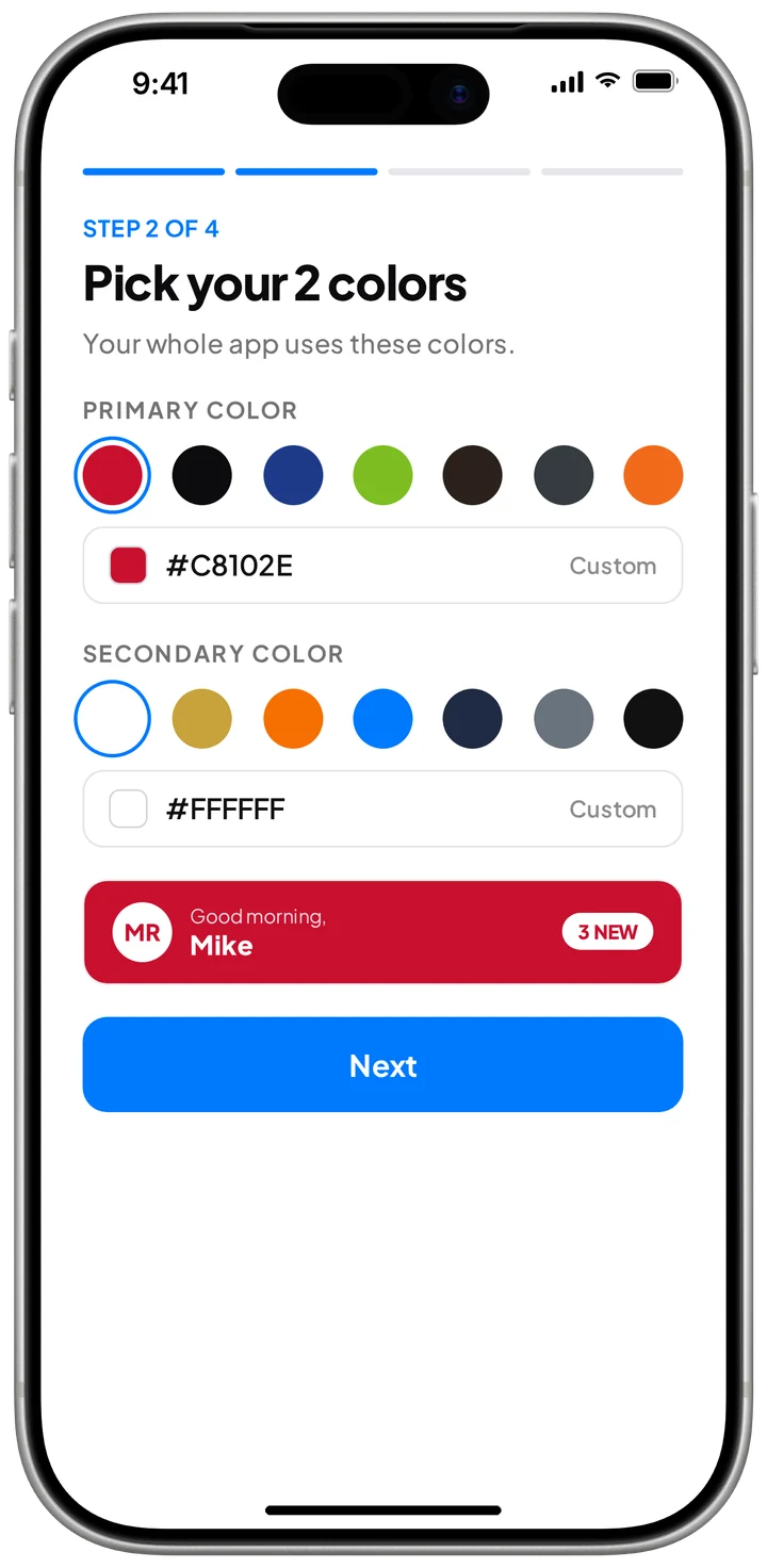 Pick your 2 colors screen in Barber Team App